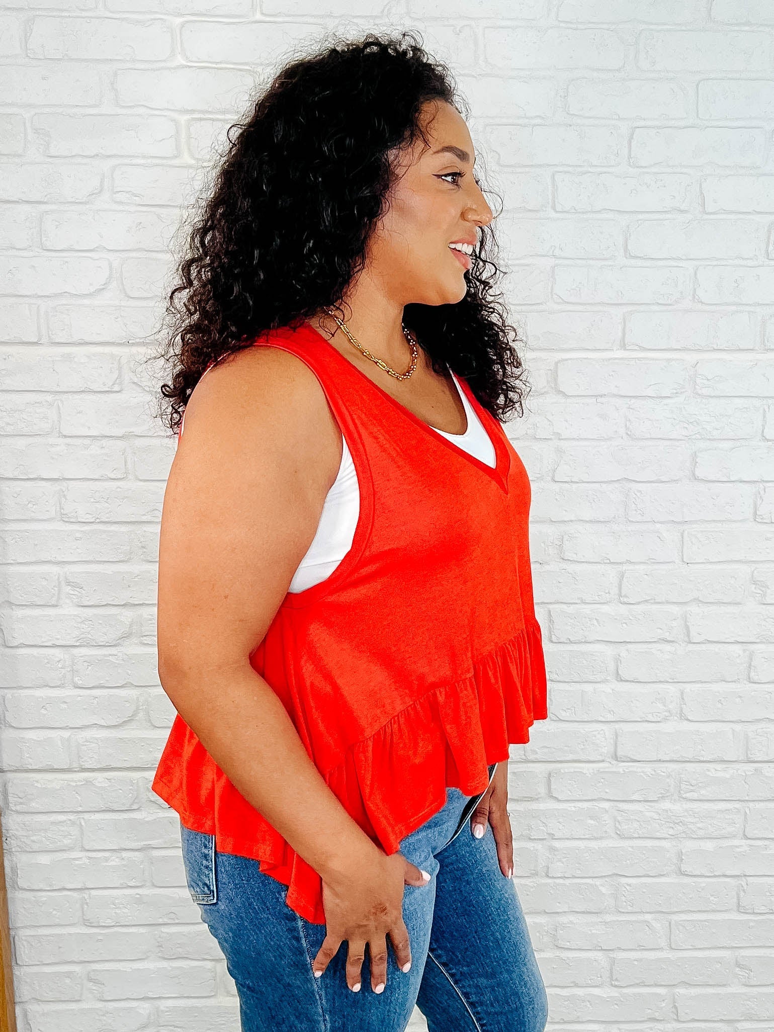 V-Neck Ruffled Peplum in Spicy Orange